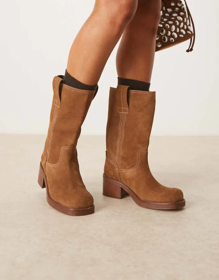 ASOS DESIGN Caspia premium suede trucker pull on boots in tan