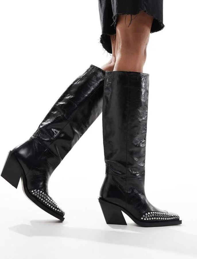 ASOS DESIGN Cassie premium leather western knee boots with stud detail in black - Image 2
