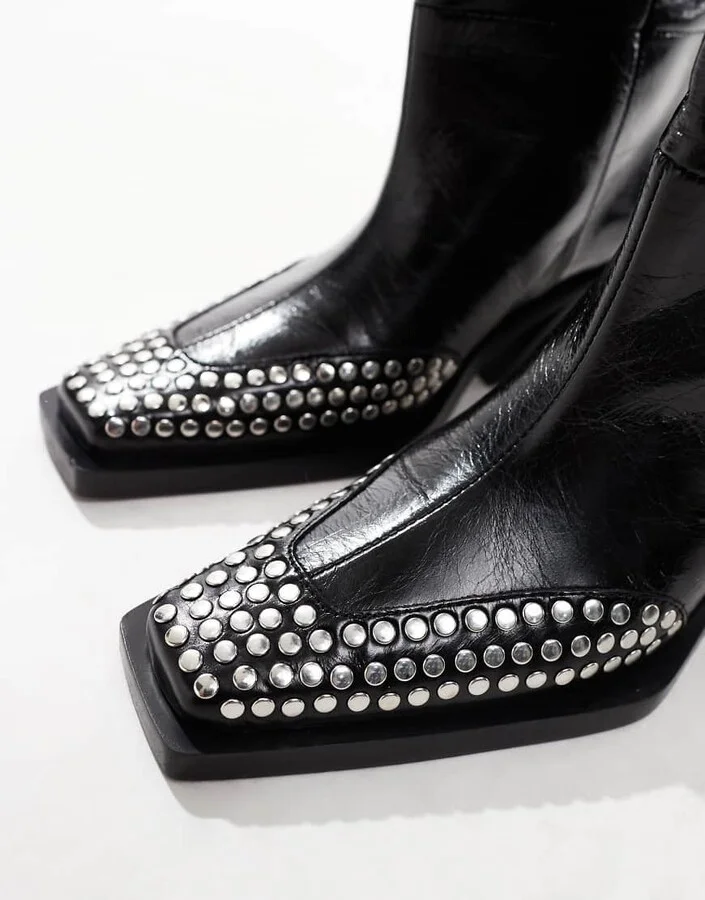 ASOS DESIGN Cassie premium leather western knee boots with stud detail in black - Image 3