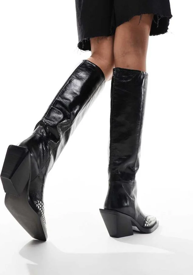 ASOS DESIGN Cassie premium leather western knee boots with stud detail in black - Image 4