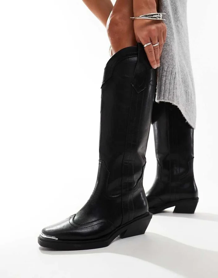 ASOS DESIGN Celeste flat western knee boots in black - Image 3