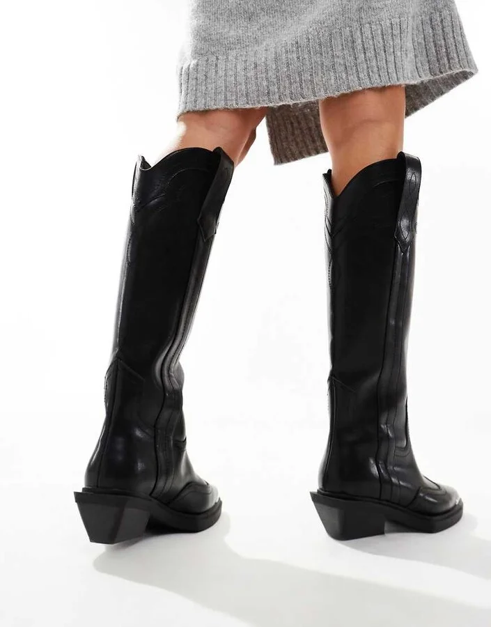 ASOS DESIGN Celeste flat western knee boots in black - Image 4
