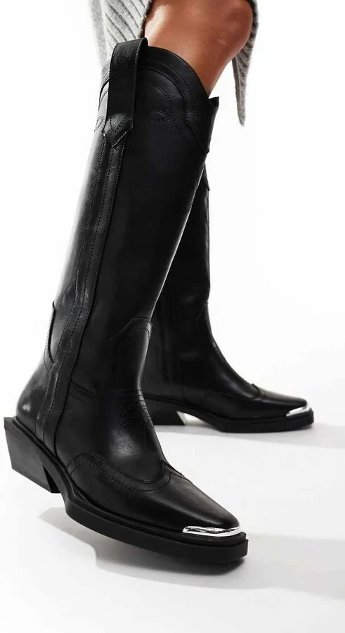 ASOS DESIGN Celeste flat western knee boots in black