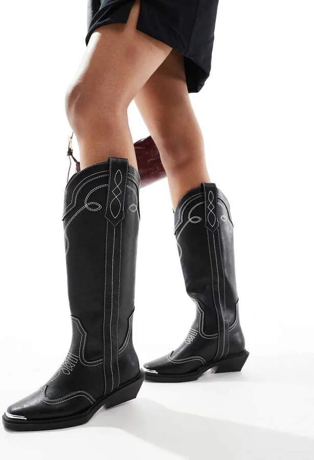 ASOS DESIGN Celeste flat western knee boots in black with stitching - Image 3