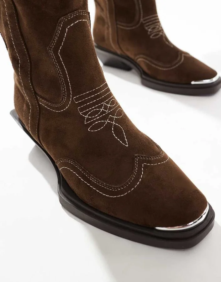 ASOS DESIGN Celeste flat western knee boots in choc faux suede - Image 2