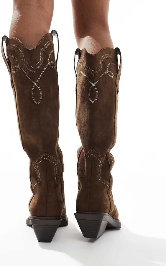 ASOS DESIGN Celeste flat western knee boots in choc faux suede - Image 3