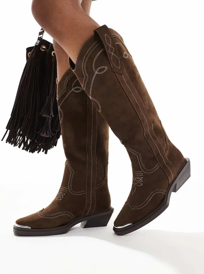 ASOS DESIGN Celeste flat western knee boots in choc faux suede