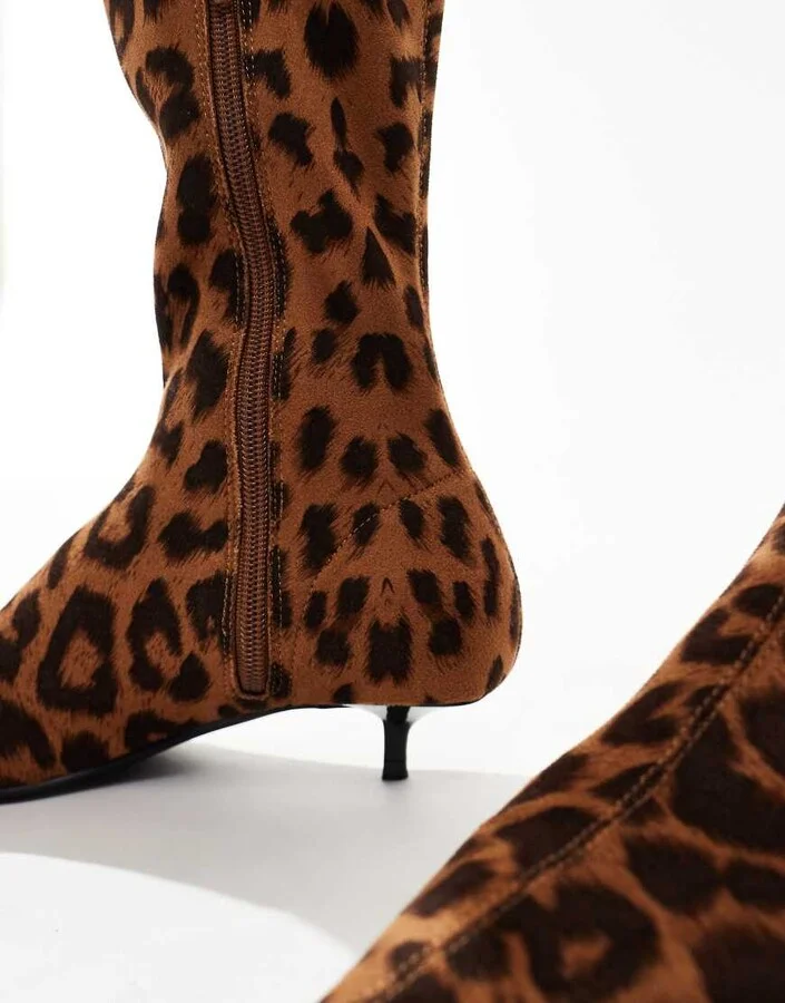 ASOS DESIGN Certain extreme mini kitten heel sock knee boots in leopard - Image 3