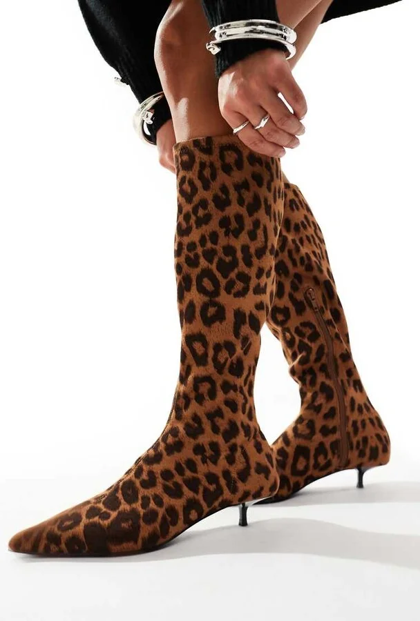 ASOS DESIGN Certain extreme mini kitten heel sock knee boots in leopard