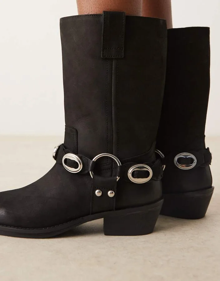 ASOS DESIGN Chase leather boho harness knee boots in black nubuck - Image 2