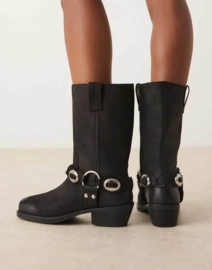 ASOS DESIGN Chase leather boho harness knee boots in black nubuck - Image 3