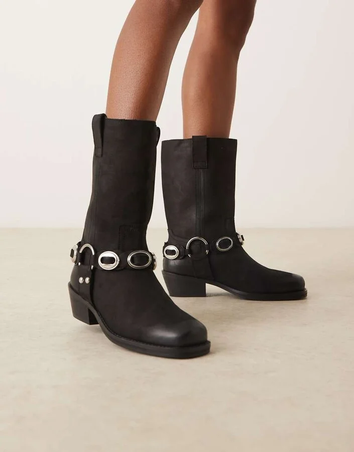 ASOS DESIGN Chase leather boho harness knee boots in black nubuck