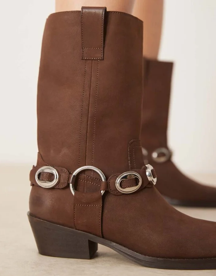 ASOS DESIGN Chase leather boho harness knee boots in brown nubuck - Image 2