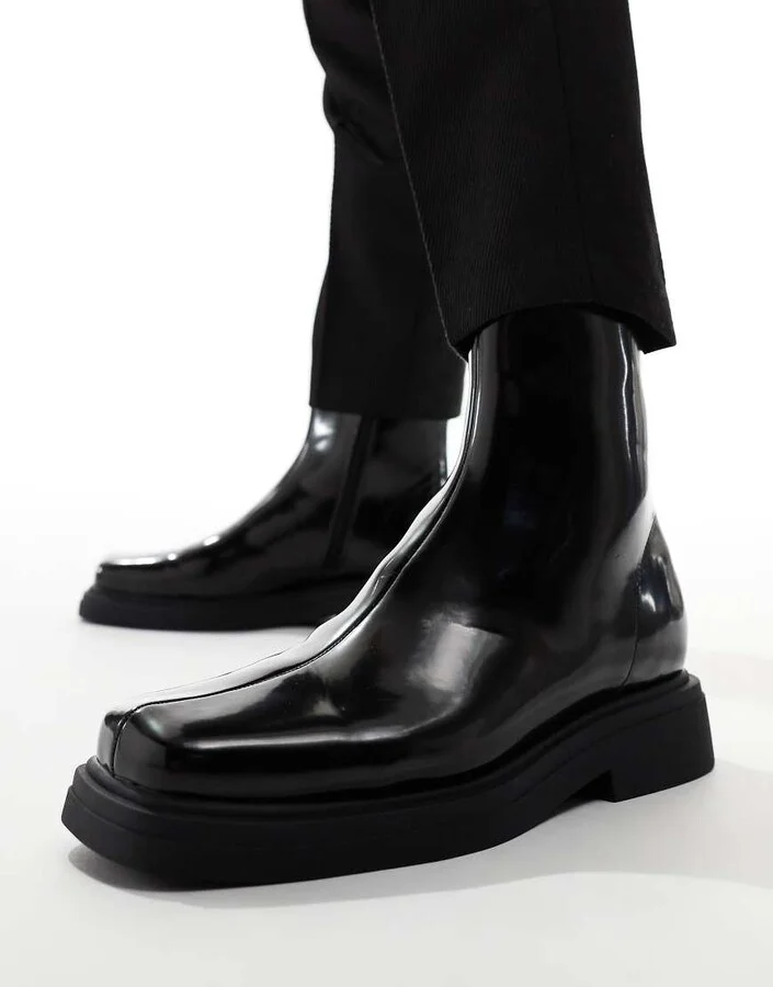 ASOS DESIGN chelsea boots in black polish with square toe