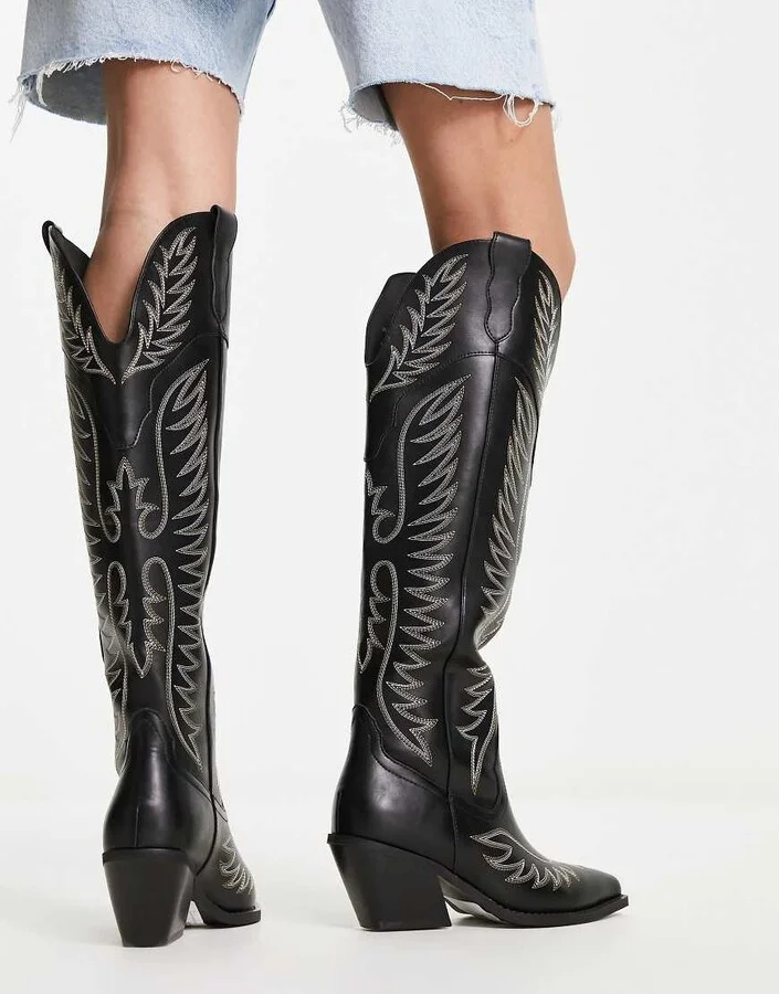 ASOS DESIGN Chester contrast stitch western knee boot in black - Image 2