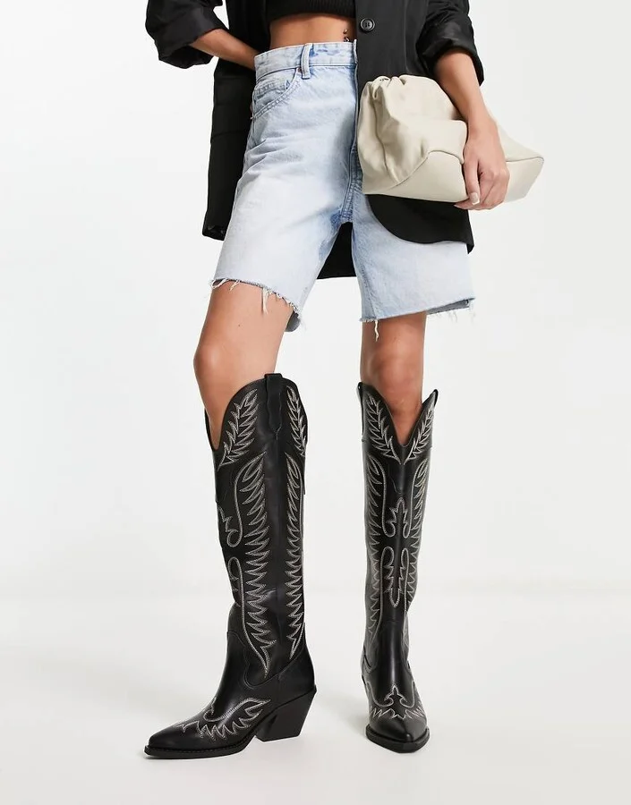 ASOS DESIGN Chester contrast stitch western knee boot in black - Image 4