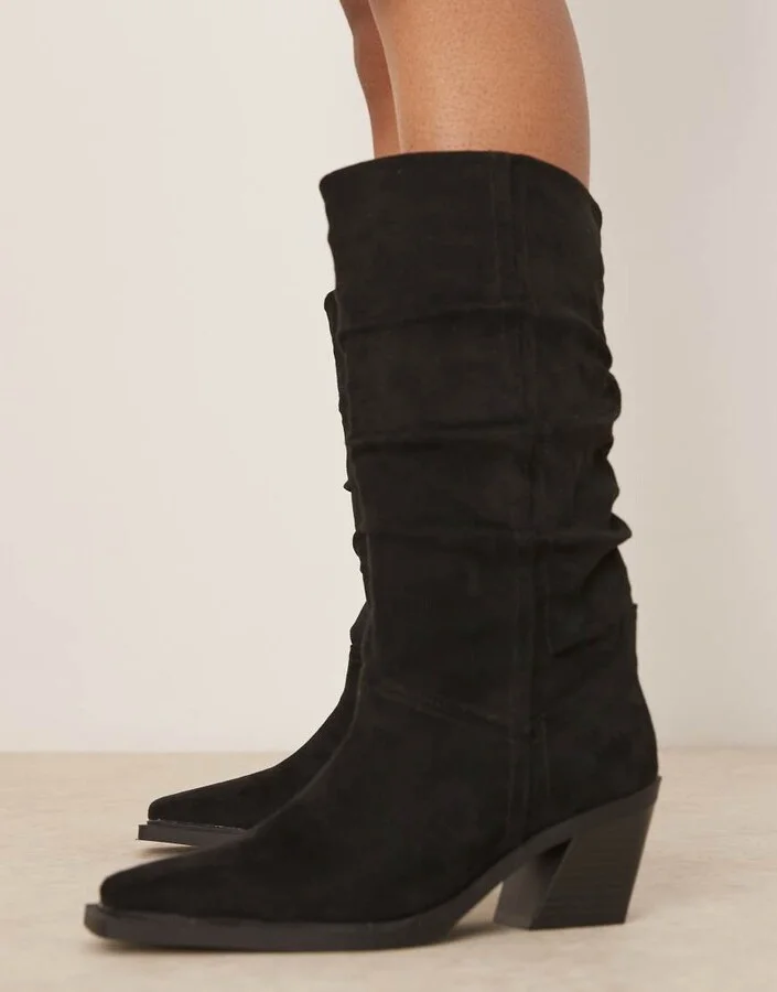ASOS DESIGN Chosen slouchy western knee boots in black suedette - Image 2