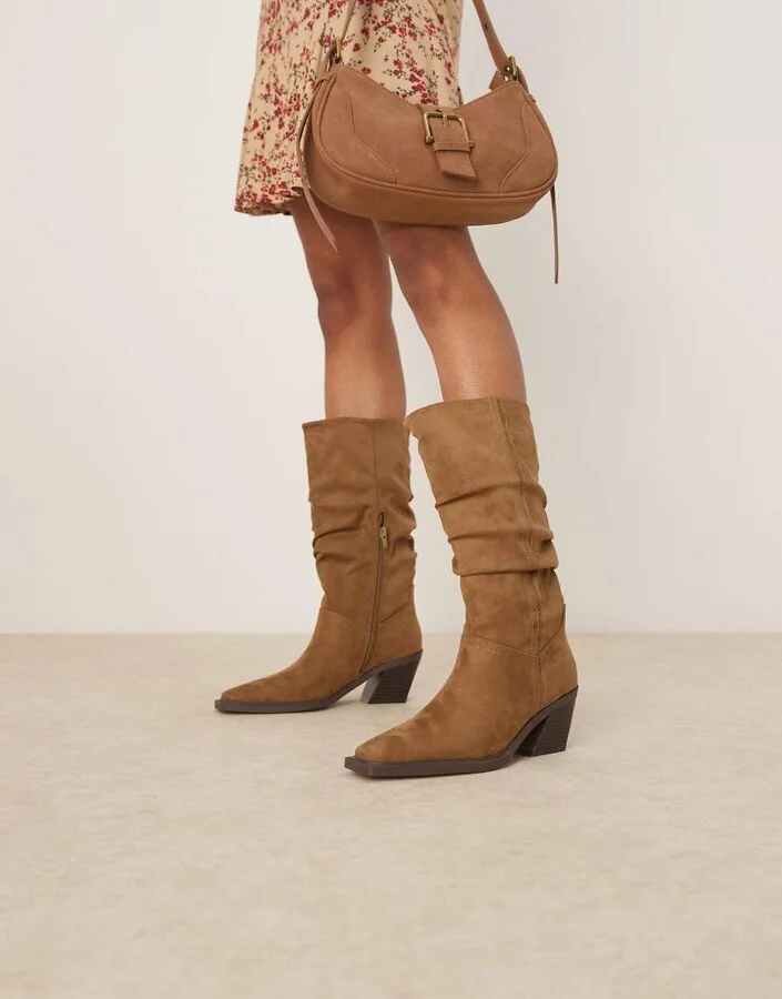 ASOS DESIGN Chosen slouchy western knee boots in taupe suedette