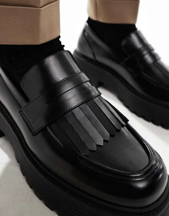 ASOS DESIGN chunky loafers in black with fringing - Image 4
