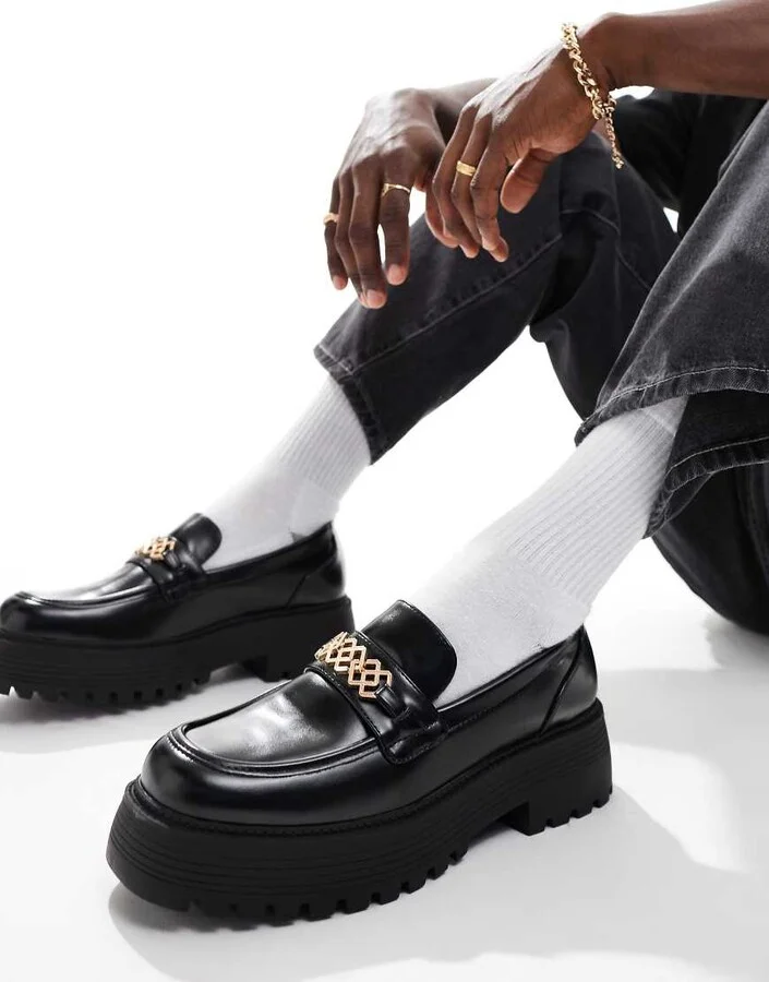 ASOS DESIGN chunky loafers in black with gold snaffle - Image 4