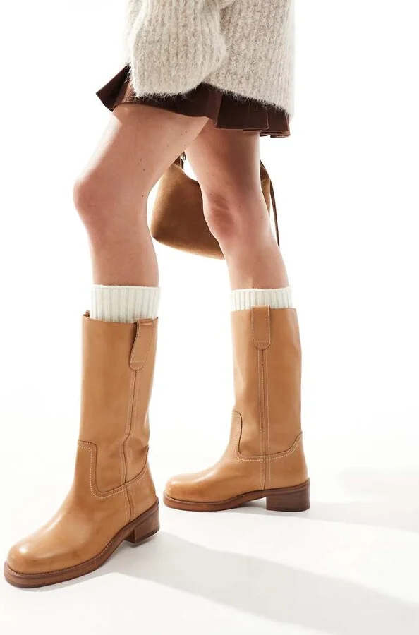 ASOS DESIGN Cindy leather pull-on boots in camel