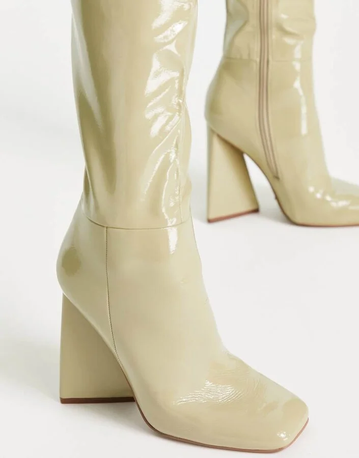 ASOS DESIGN Clara high-heeled knee boots in sage patent - Image 3