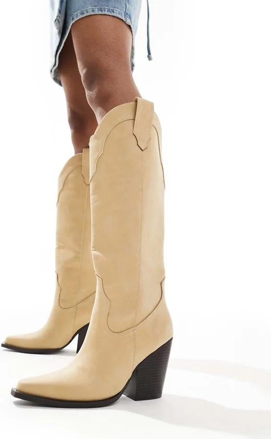 ASOS DESIGN Claudette western knee boots in buttermilk