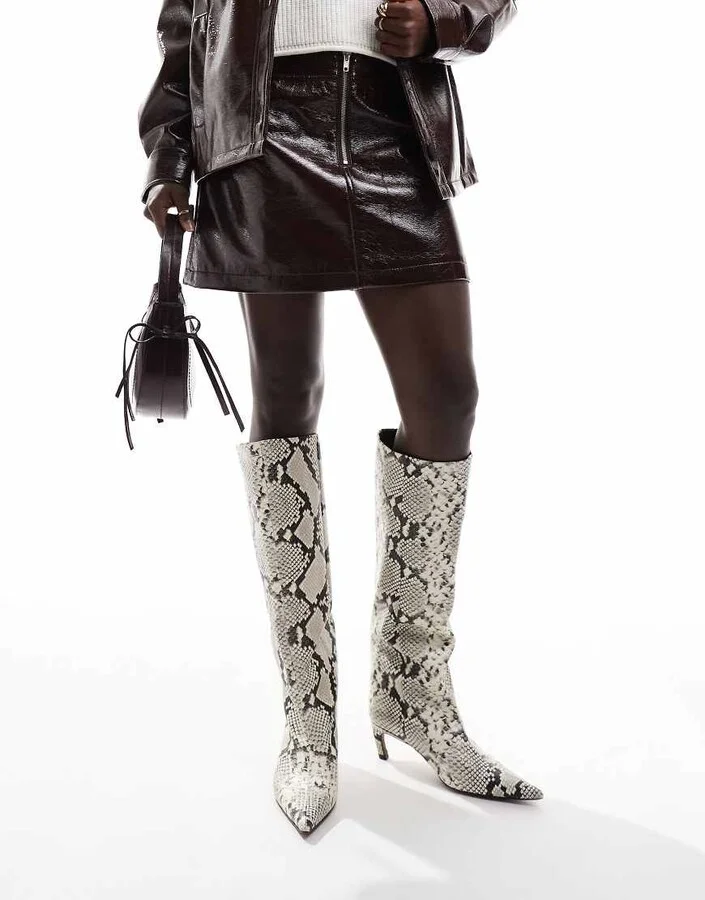 ASOS DESIGN Cleo premium leather kitten heel knee boots in snake - Image 2