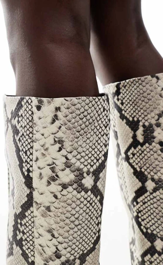 ASOS DESIGN Cleo premium leather kitten heel knee boots in snake - Image 3