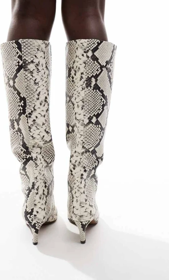 ASOS DESIGN Cleo premium leather kitten heel knee boots in snake - Image 4