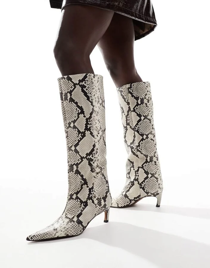 ASOS DESIGN Cleo premium leather kitten heel knee boots in snake