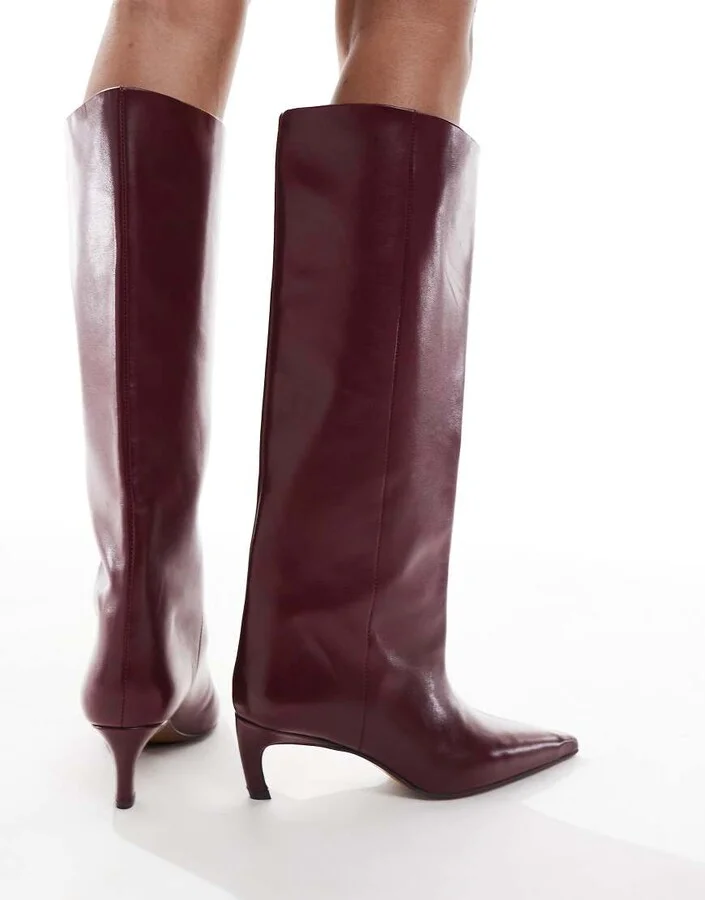 ASOS DESIGN Cleona premium leather kitten heel knee boots in burgundy leather - Image 2
