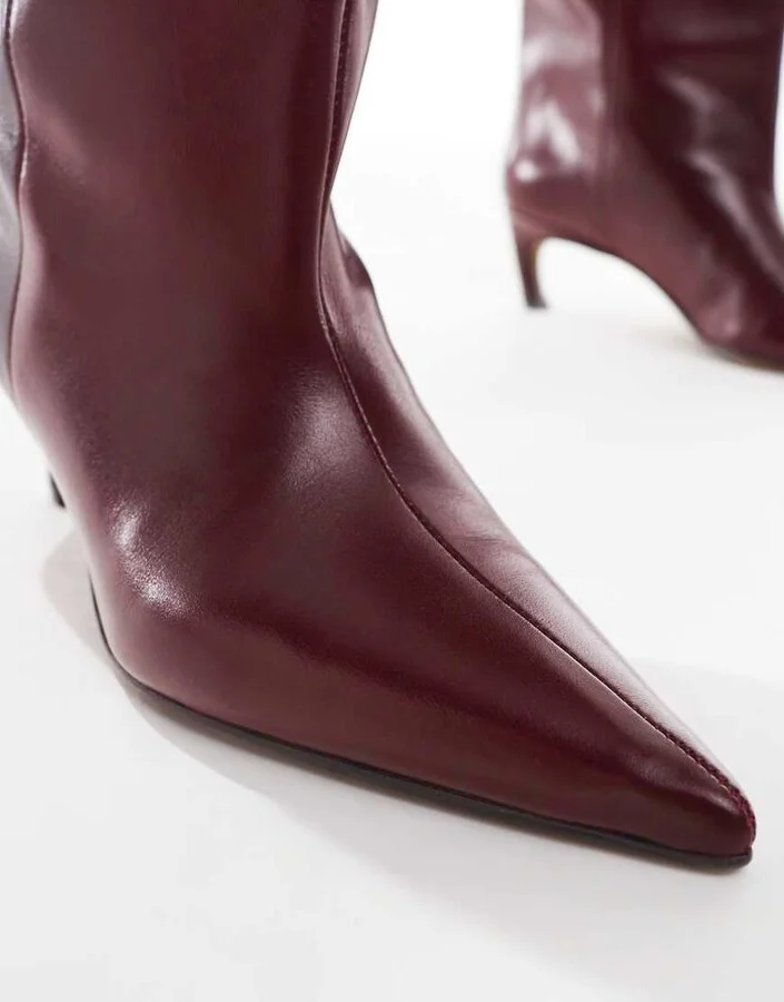 ASOS DESIGN Cleona premium leather kitten heel knee boots in burgundy leather - Image 3