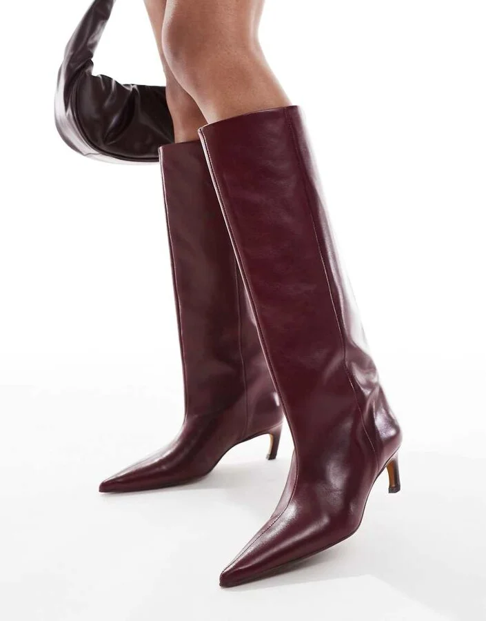 ASOS DESIGN Cleona premium leather kitten heel knee boots in burgundy leather - Image 4