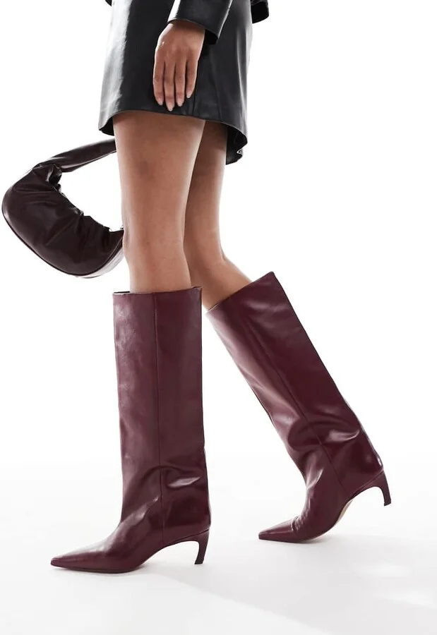 ASOS DESIGN Cleona premium leather kitten heel knee boots in burgundy leather