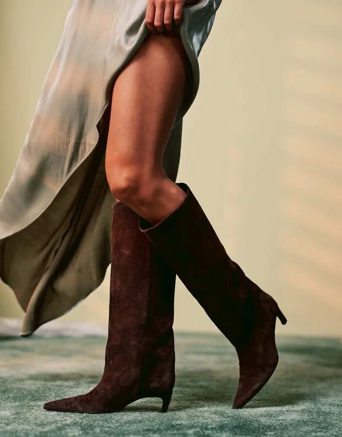 ASOS DESIGN Cleona premium leather kitten heel knee boots in chocolate suede - Image 2