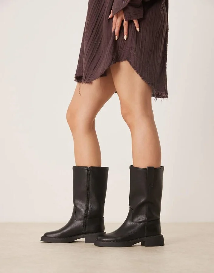 ASOS DESIGN Colby pull-on trucker knee boots in black tumble - Image 3