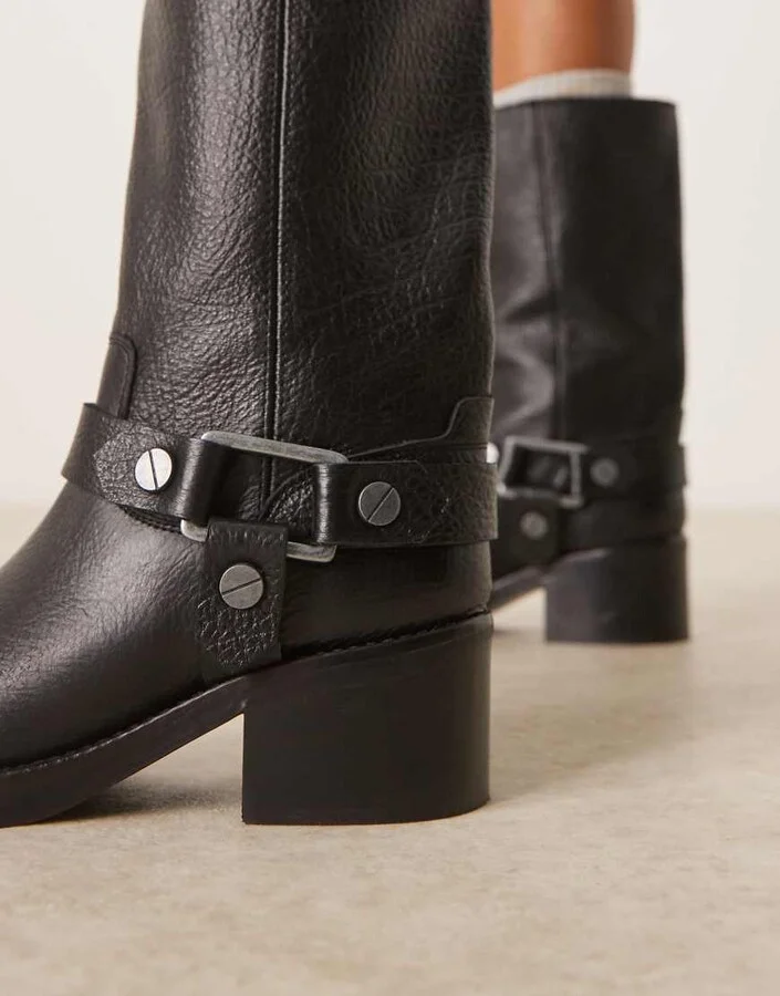 ASOS DESIGN Colton premium leather harness trucker knee boots in black - Image 2