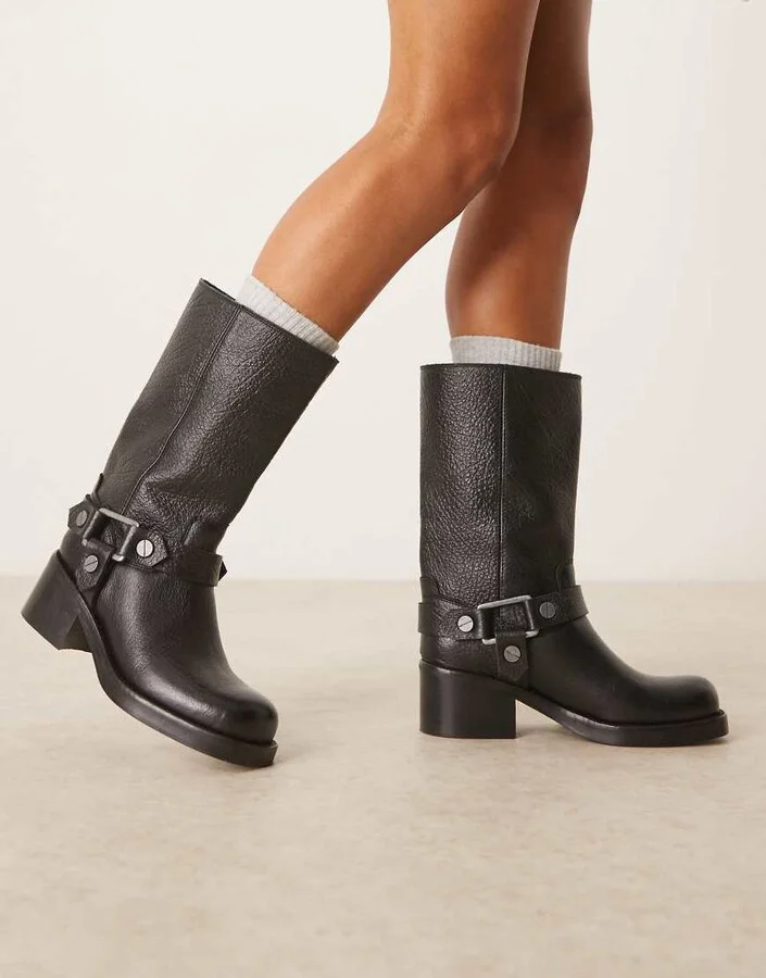 ASOS DESIGN Colton premium leather harness trucker knee boots in black