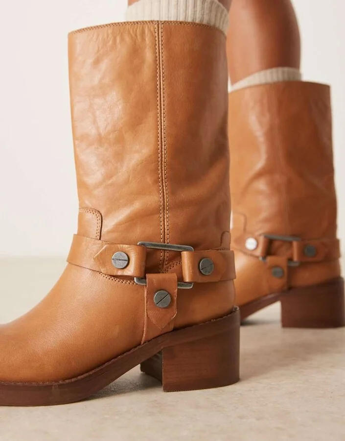 ASOS DESIGN Colton premium leather harness trucker knee boots in camel - Image 3