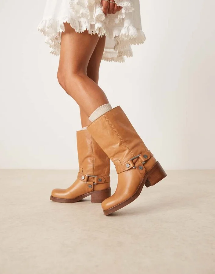 ASOS DESIGN Colton premium leather harness trucker knee boots in camel - Image 4