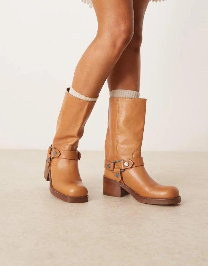ASOS DESIGN Colton premium leather harness trucker knee boots in camel