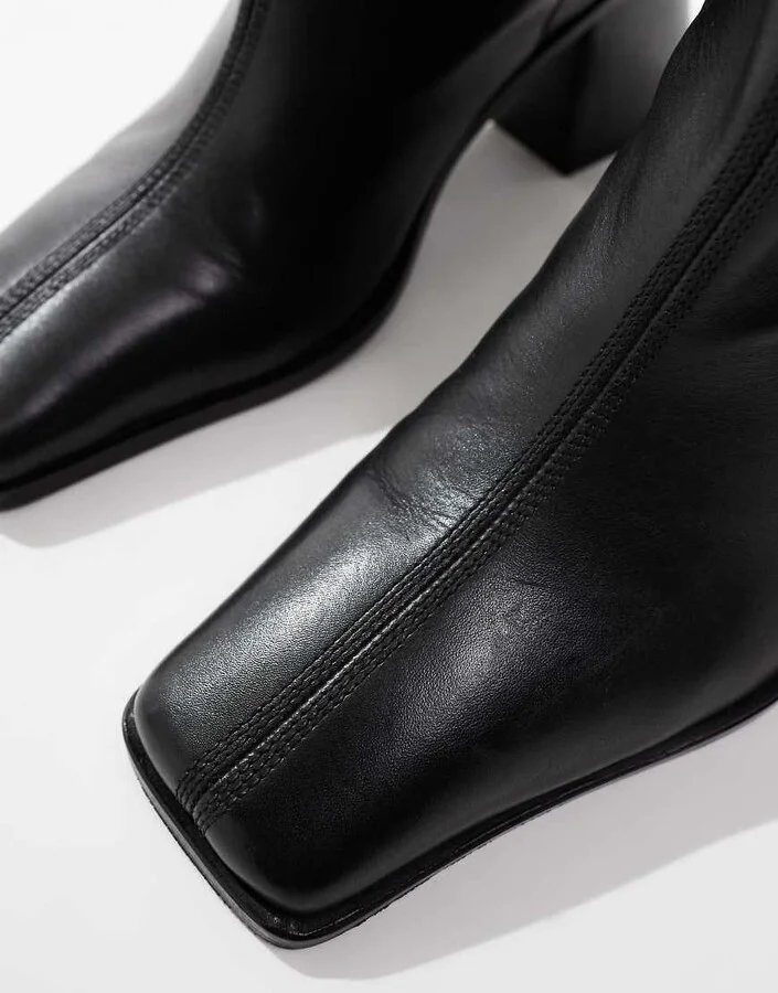 ASOS DESIGN Connect leather pull-on knee boots with flared heel in black - Image 2