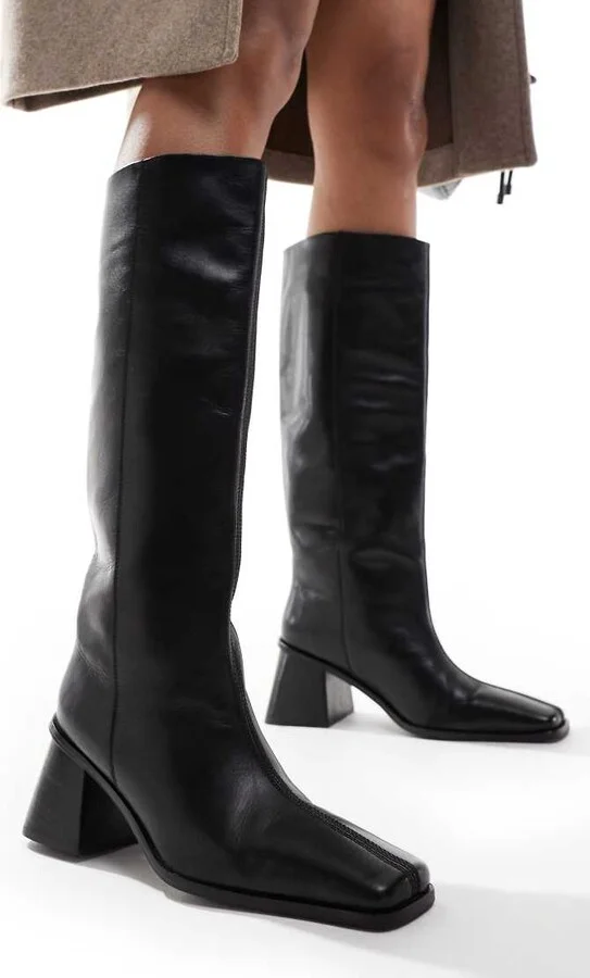 ASOS DESIGN Connect leather pull-on knee boots with flared heel in black - Image 3