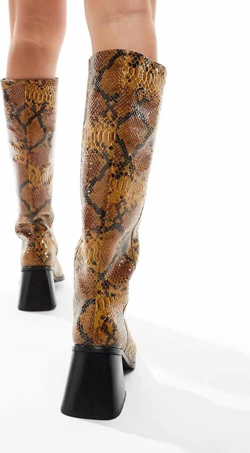 ASOS DESIGN Connect leather pull-on knee boots with flared heels in snake - Image 2