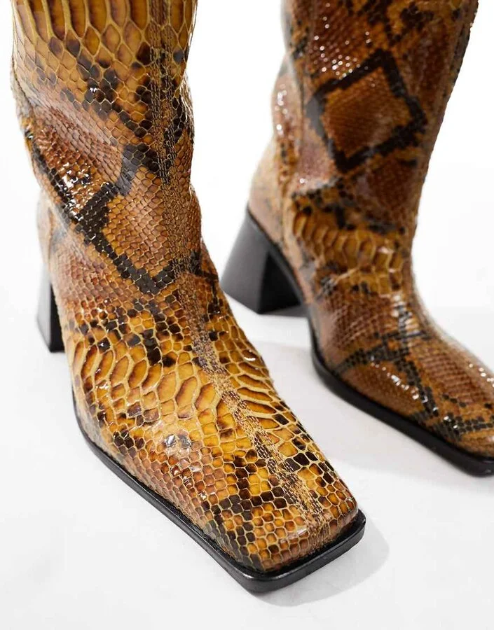 ASOS DESIGN Connect leather pull-on knee boots with flared heels in snake - Image 4