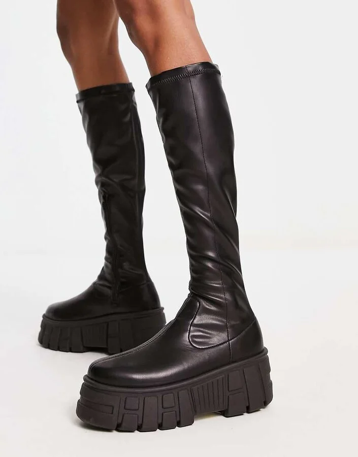 ASOS DESIGN Copenhagen chunky knee high sock boots in black - Image 3