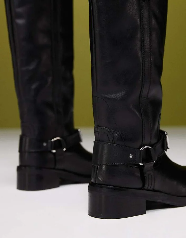 ASOS DESIGN Cora leather harness biker knee boots in black - Image 3