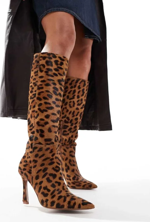 ASOS DESIGN Create heeled leather knee boots in leopard - Image 2