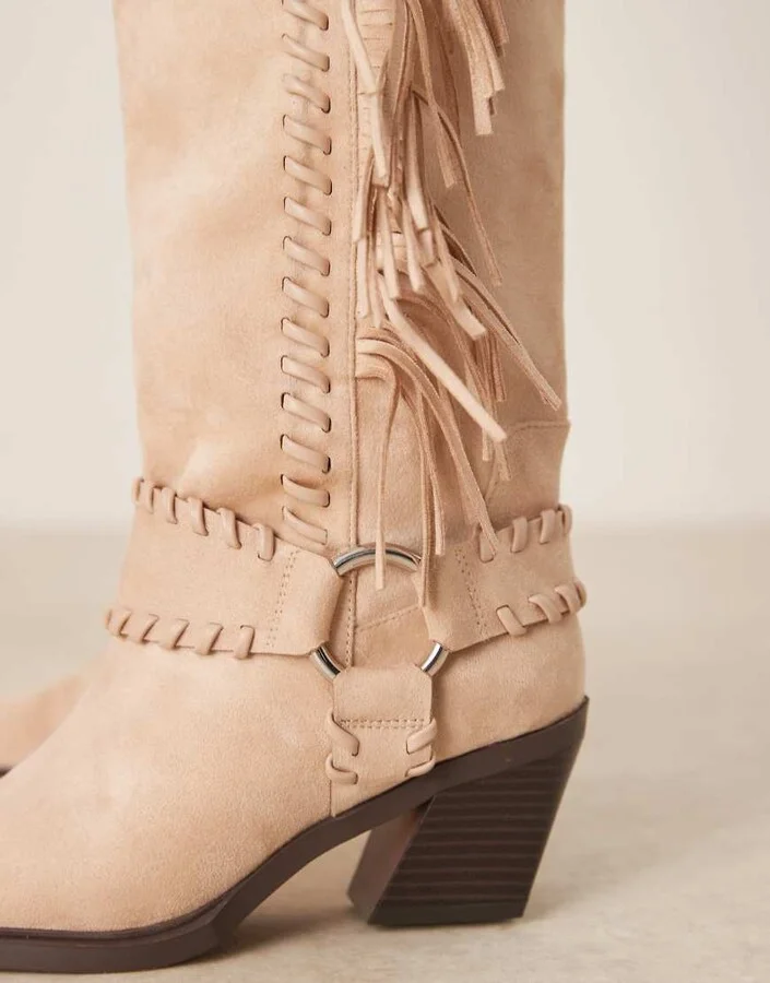 ASOS DESIGN Cristina western fringed knee boots in beige - Image 2